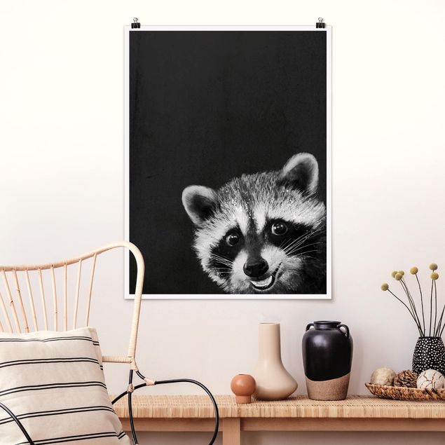 Poster Kinderzimmer Tiere Illustration Waschbär Schwarz Weiß Malerei