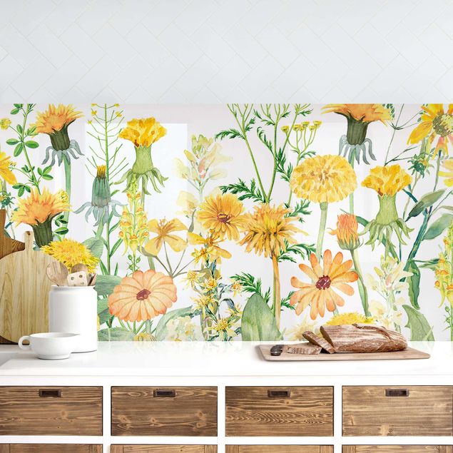 Küchenrückwände Platte Aquarellierte Blumenwiese in Gelb