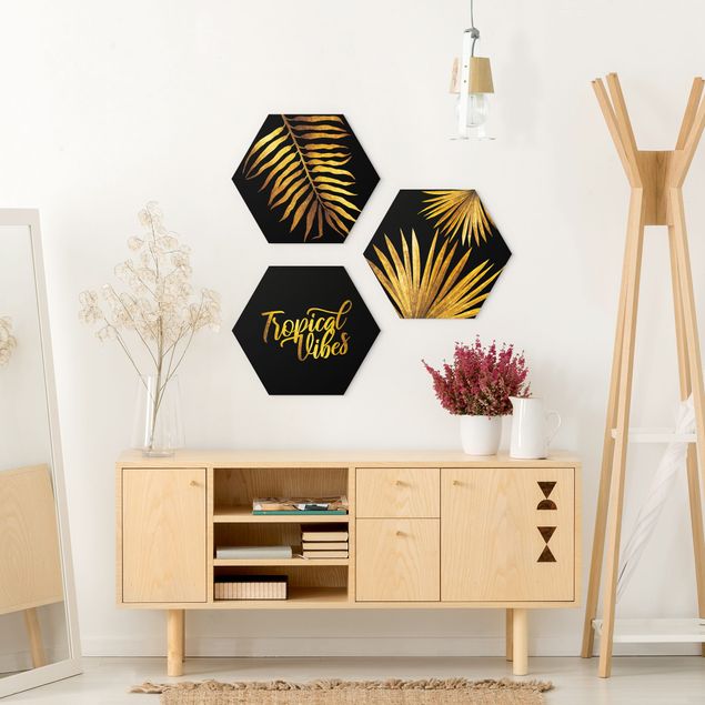 Hexagon Bild Forex 3-teilig - Gold - Tropical Vibes auf Schwarz Set I