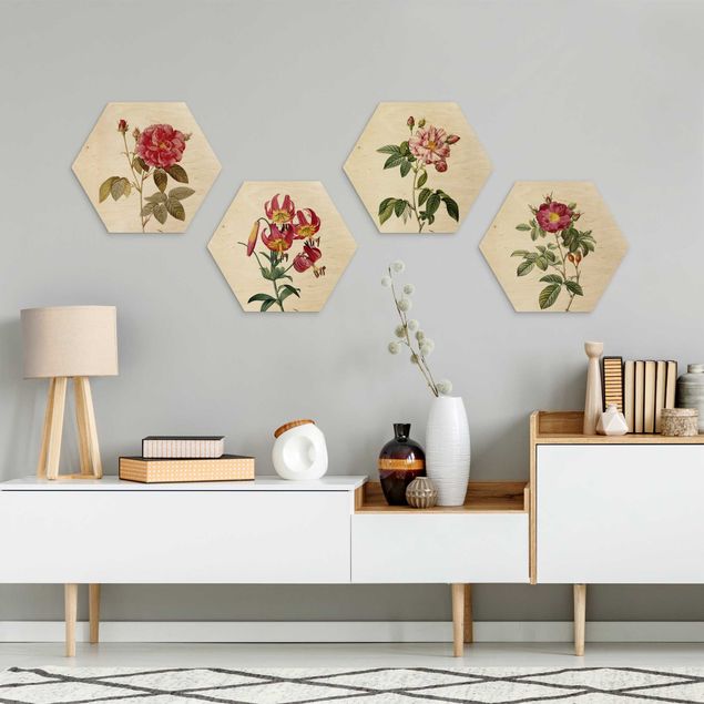 4-teilig Pierre Joseph Redouté - Rosen und Lilien Hexagon Bild auf Holz |  Bilderwelten