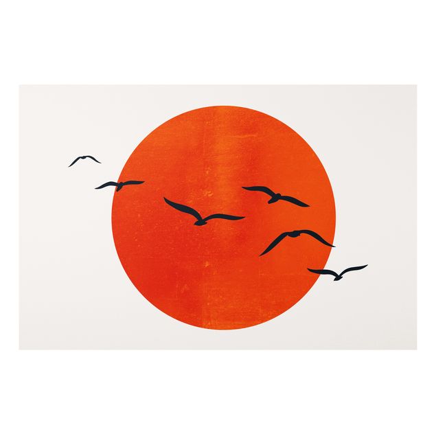 Foto auf Hartschaumplatte Vogelschwarm vor roter Sonne I