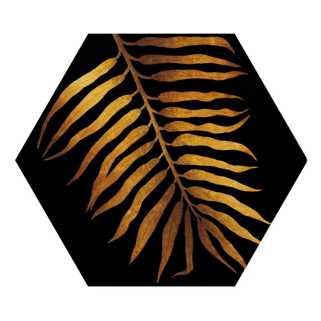 Hexagon Bild Holz - Gold - Palmenblatt II auf Schwarz