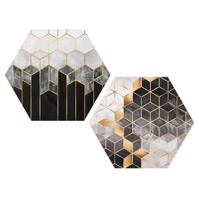 Hexagon Bild Alu-Dibond 2-teilig - Elisabeth Fredriksson - Goldene Geometrie Aquarell Set