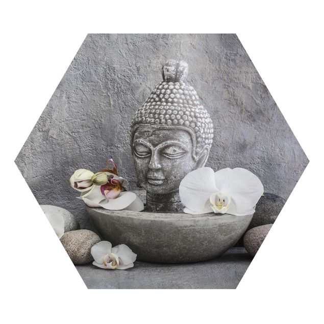 Hexagon Bild Alu-Dibond - Zen Buddha, Orchideen und Steine