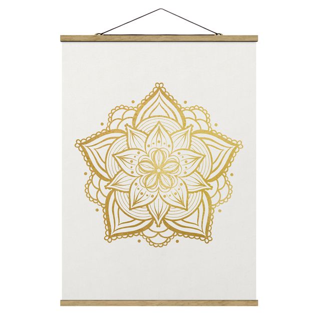 Stoffbild mit Posterleisten - Mandala Blüte Sonne Illustration Set Gold - Hochformat 3:4