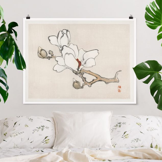 Blumen Poster Asiatische Vintage Zeichnung Weiße Magnolie
