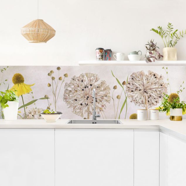 Glasrückwand Küche Blumen Allium und Helenium Illustration