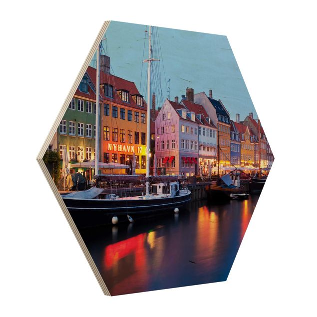 Hexagon Bild Holz - Kopenhagener Hafen am Abend