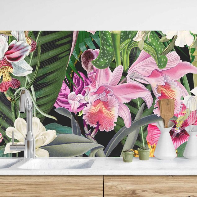 Küchenrückwände Platte Bunte tropische Blumen Collage II