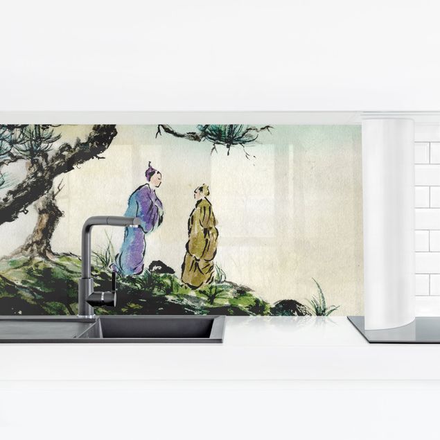 Küchenrückwände selbstklebend Japanische Aquarell Zeichnung Kiefer und Bergdorf