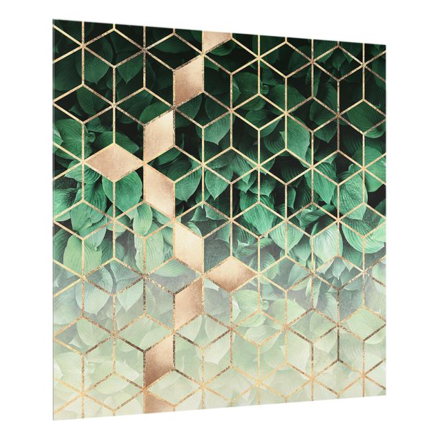 Muster Küchenrückwand Glas Grüne Blätter goldene Geometrie