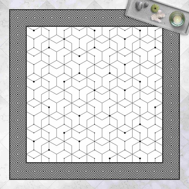 Aussen Teppich Geometrische Fliesen Punktlinien Schwarz Weiß mit Bordüre