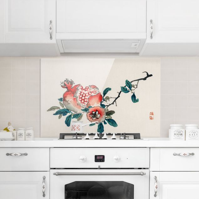 Küchenrückwand Glas Blumen Asiatische Vintage Zeichnung Granatapfel