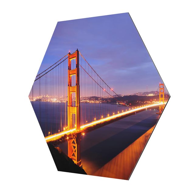 Hexagon Bild Alu-Dibond - Golden Gate Bridge bei Nacht