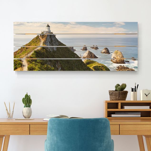Holzbild maritim Nugget Point Leuchtturm und Meer Neuseeland
