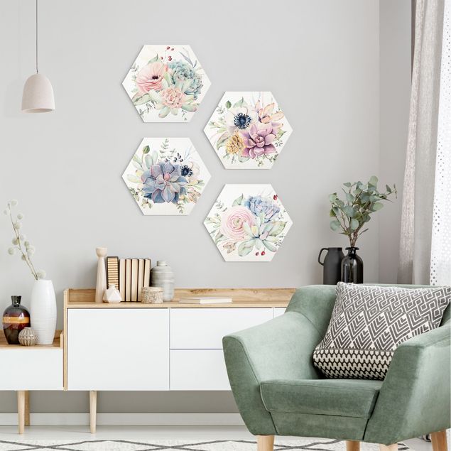 Hexagon Bild Alu-Dibond 4-teilig - Aquarell Blumen Landhaus