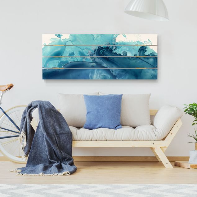 Holzbilder Landschaften Welle Aquarell Blau I