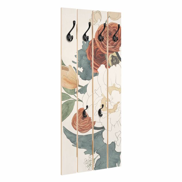 Wandgarderobe Holz - Zeichnung Blumenbouquet in Rot und Sepia - Haken chrom Hochformat