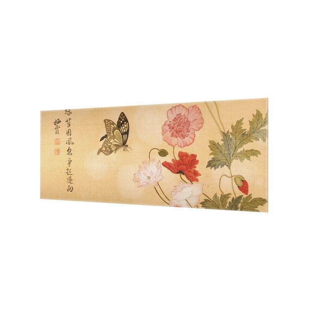 Spritzschutz Glas - Yuanyu Ma - Mohnblumen und Schmetterlinge - Panorama - 5:2