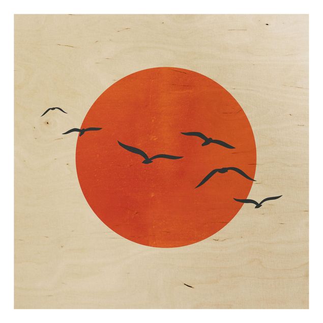 Moderne Holzbilder Vogelschwarm vor roter Sonne I