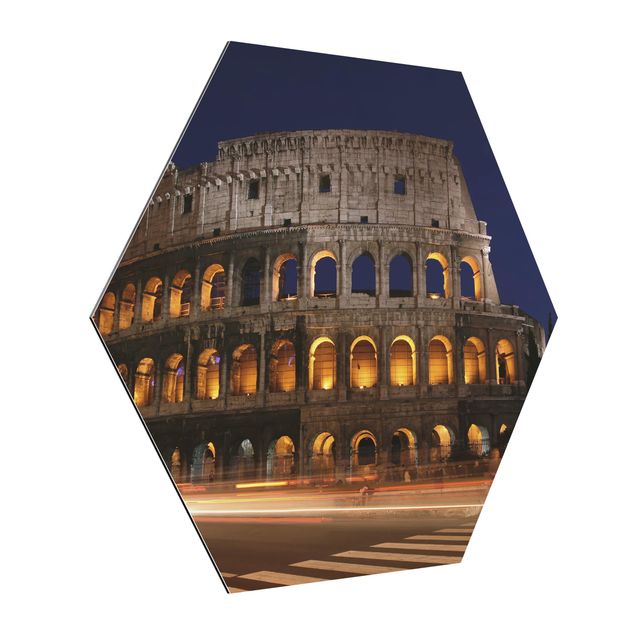 Hexagon Bild Alu-Dibond - Colosseum in Rom bei Nacht