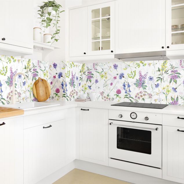 Küchenrückwand Glas Muster Aquarellierte Wiesenblumen