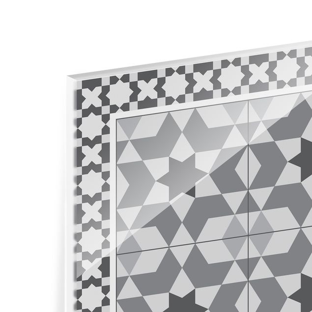 Spritzschutz Glas - Geometrische Fliesen Kaleidoskop Grau mit Bordüre - Quadrat 1:1