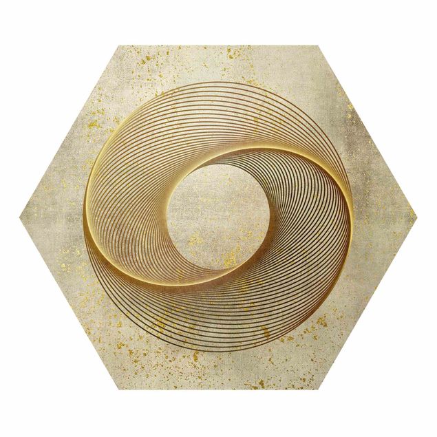 Hexagon Bild Alu-Dibond - Line Art Kreisspirale Gold