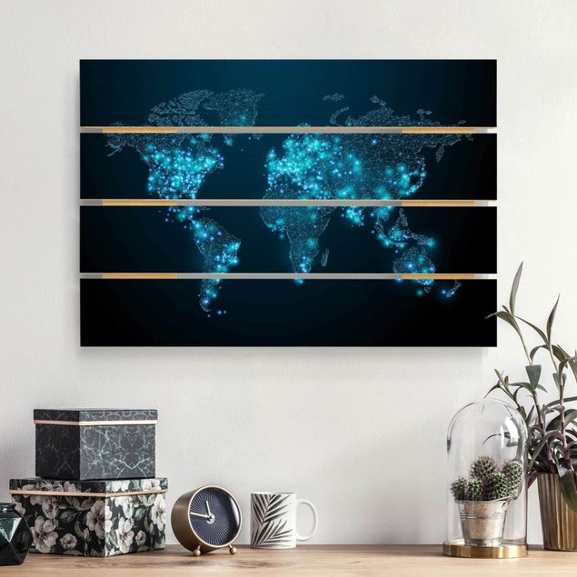 Moderne Holzbilder Connected World Weltkarte