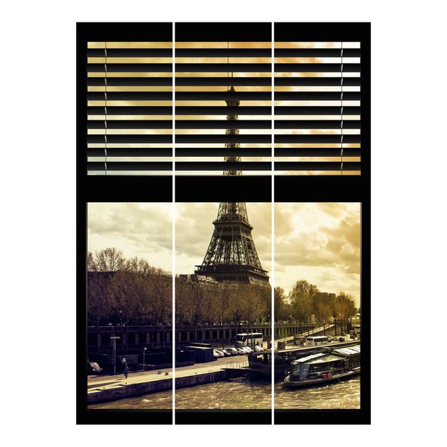 Schiebegardinen Set 6-teilig Fensterausblick Jalousie - Paris Eiffelturm Sonnenuntergang