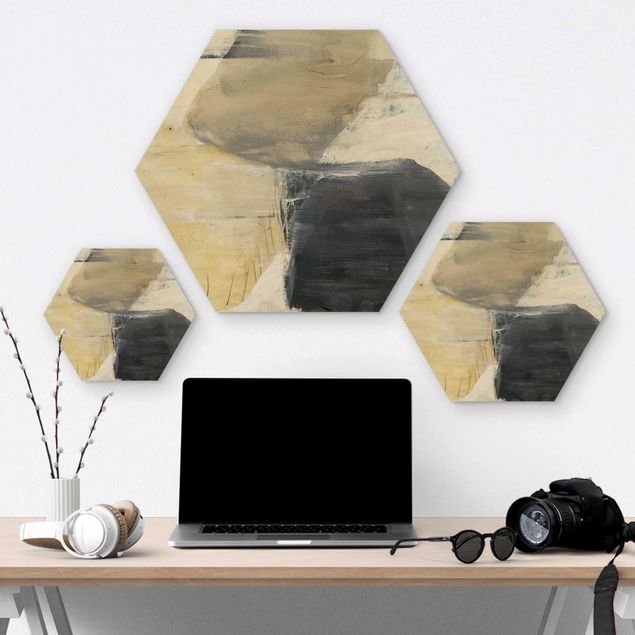 Hexagon Bild Holz - Dreiklang mit Tigerauge I