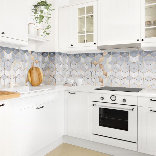 Küchenrückwand abstrakt Blau Weiß goldene Geometrie II