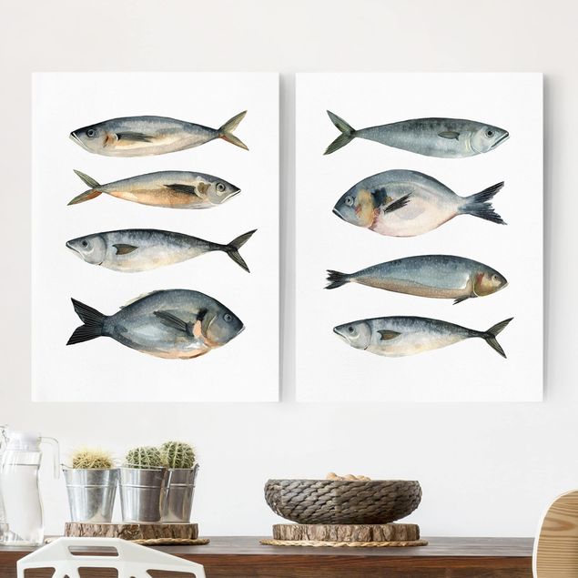 Leinwandbilder XXL Acht Fische in Aquarell Set I