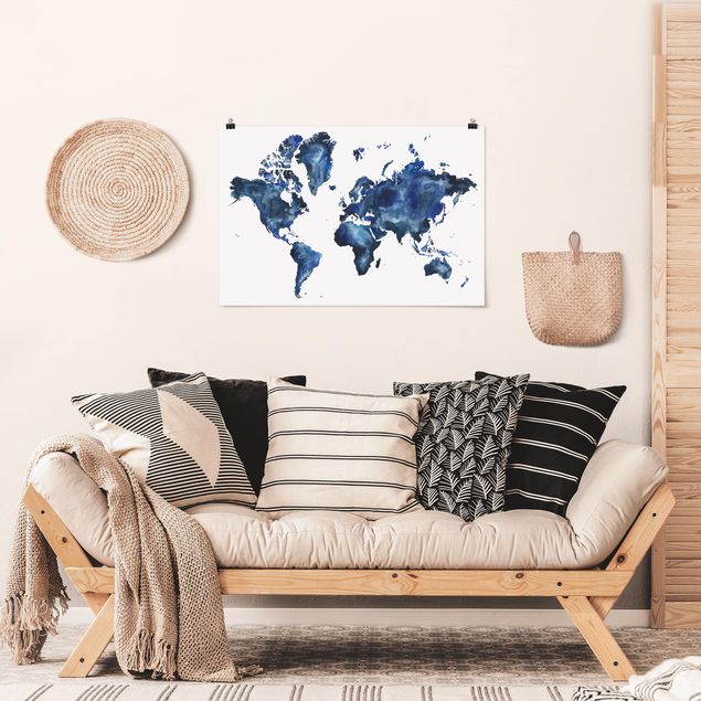 Poster Aquarell Wasser-Weltkarte hell