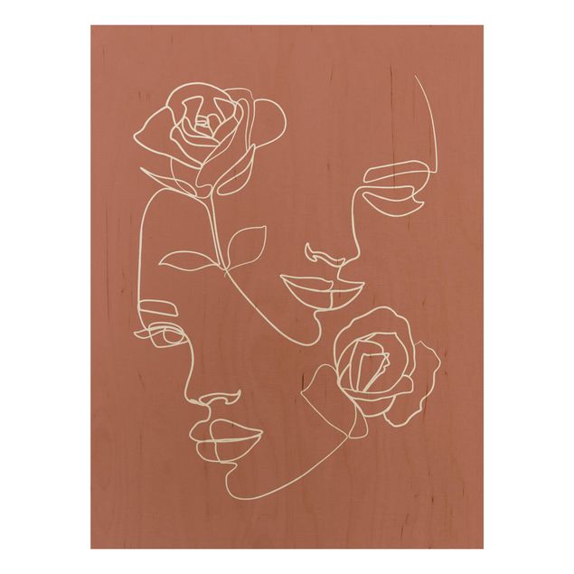 Holzbild - Line Art Gesichter Frauen Rosen Kupfer - Hochformat 4:3