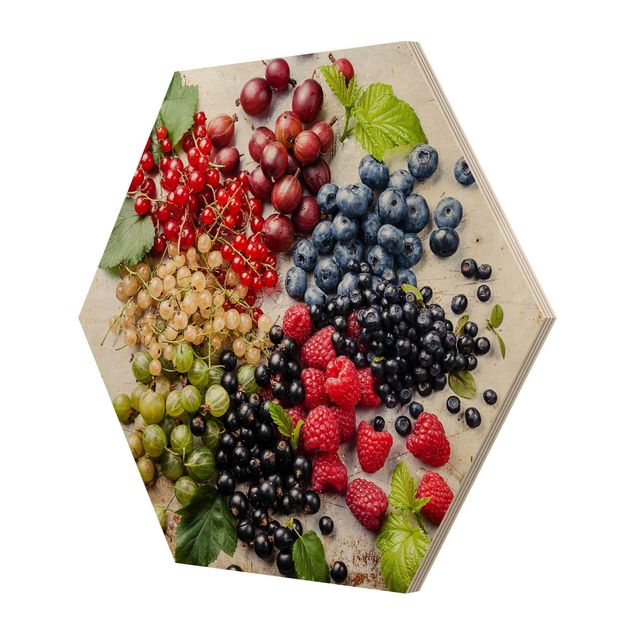 Hexagon Bild Holz - Mischung aus Beeren auf Metall