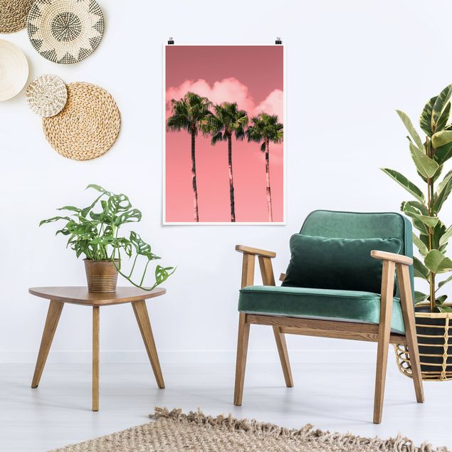 Poster Landschaft Palmen vor Himmel Rosa
