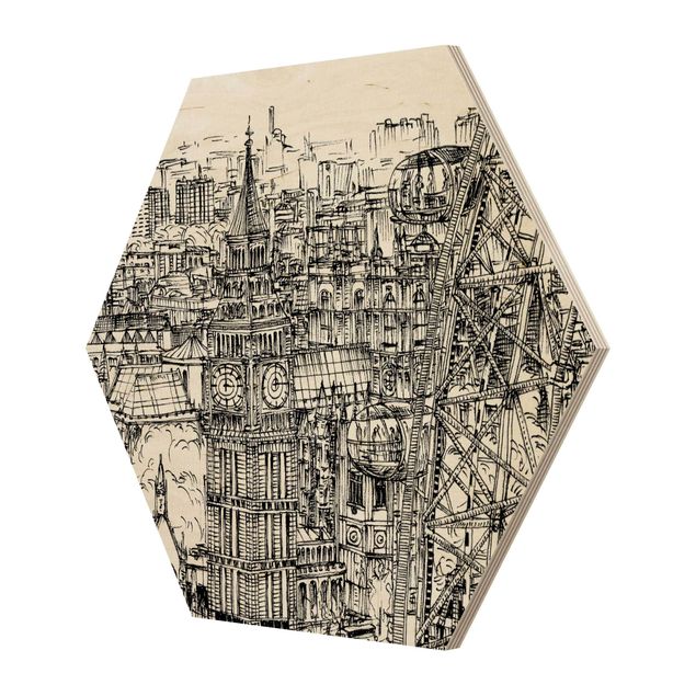 Hexagon Bild Holz - Stadtstudie - London Eye