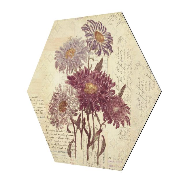 Hexagon Bild Alu-Dibond - Vintage Blumen mit Handschrift