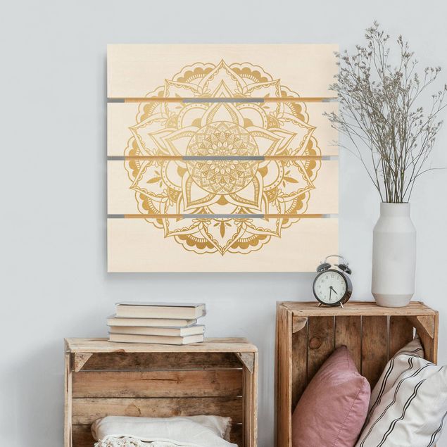 Moderne Holzbilder Mandala Blume gold weiß