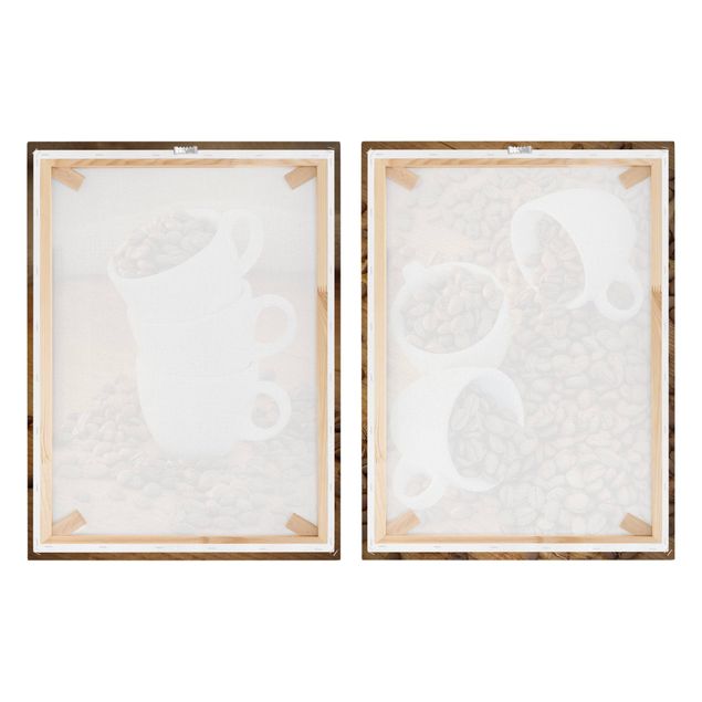 Leinwandbild 2-teilig - 3 Espressotassen mit Kaffeebohnen - Hoch 3:4
