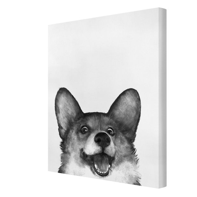 Leinwandbild - Illustration Hund Corgi Weiß Schwarz Malerei - Hochformat 4:3