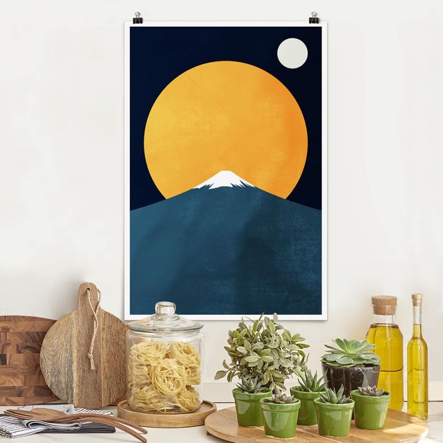 Poster Kunstdruck Sonne, Mond und Berge