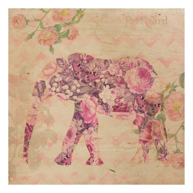 Holzbilder mit Blumen Vintage Collage - Rosa Blüten Elefant