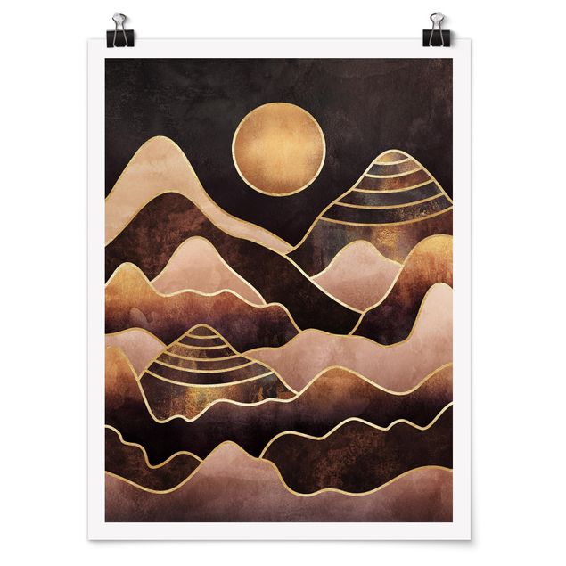 Abstrakte Kunst Poster Goldene Sonne abstrakte Berge