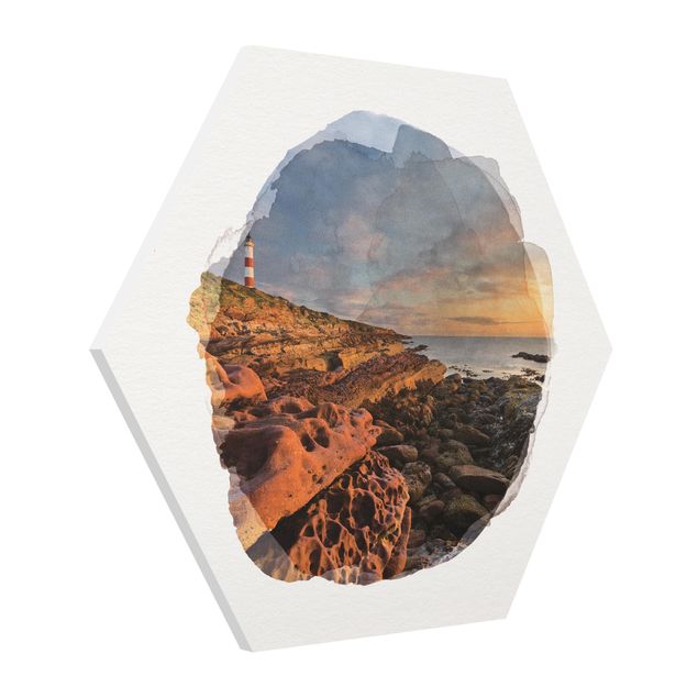 Hexagon Bild Forex - Wasserfarben - Tarbat Ness Meer & Leuchtturm bei Sonnenuntergang