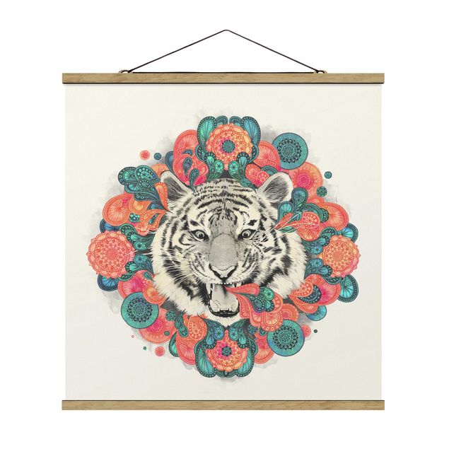 Stoffbild mit Posterleisten - Laura Graves - Illustration Tiger Zeichnung Mandala Paisley - Quadrat 1:1