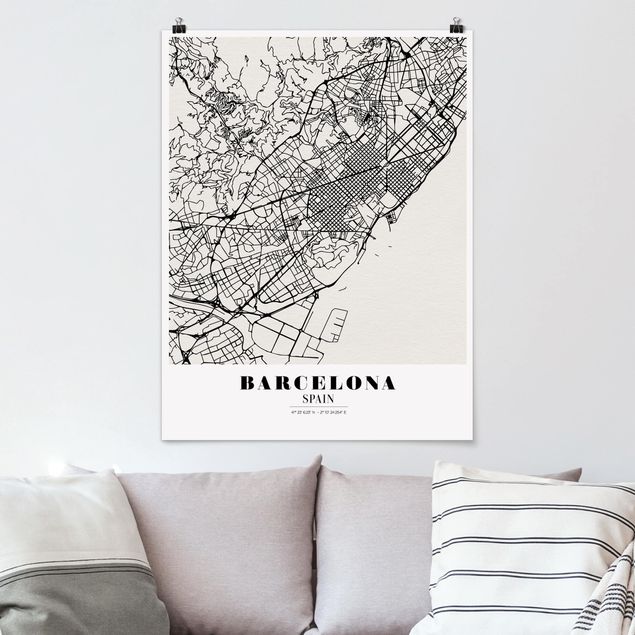 Wandposter Schwarz-Weiß Stadtplan Barcelona - Klassik