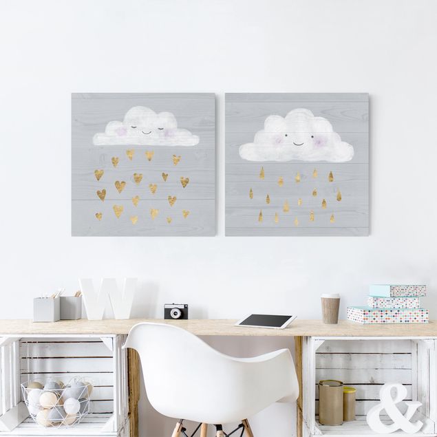 Bilder für die Wand Wolken mit goldenen Herzen und Tropfen Set I