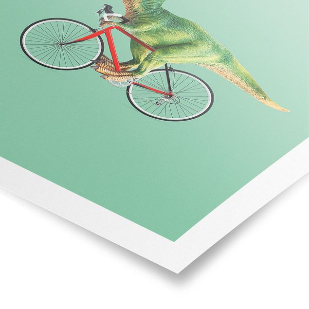 Poster Kinderzimmer grün Dinosaurier mit Fahrrad